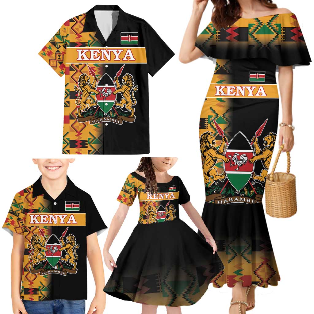 Custom Kenya Coat Of Arms Family Matching Mermaid Dress and Hawaiian Shirt With Kente Patterns - Wonder Print Shop