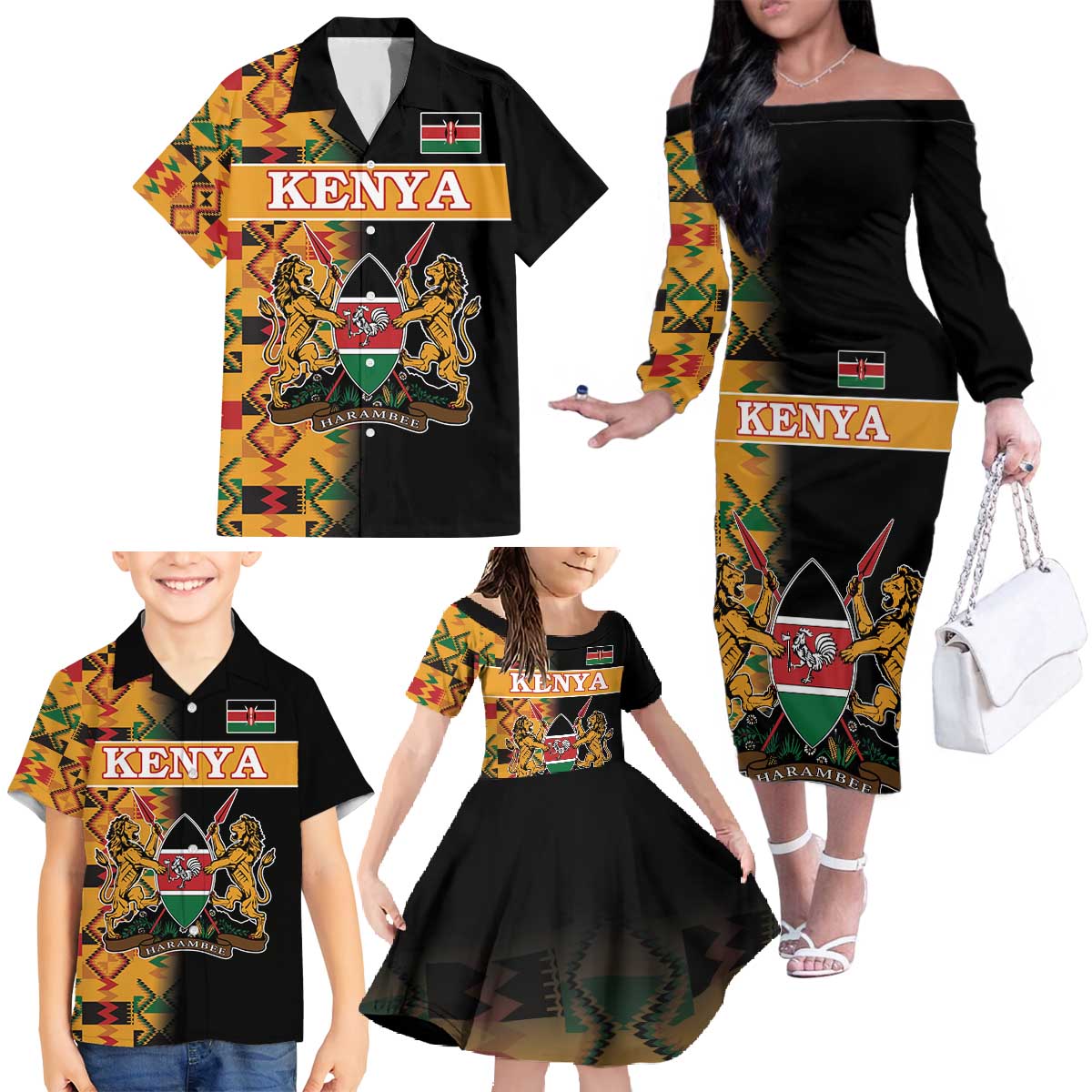 Custom Kenya Coat Of Arms Family Matching Off The Shoulder Long Sleeve Dress and Hawaiian Shirt With Kente Patterns - Wonder Print Shop