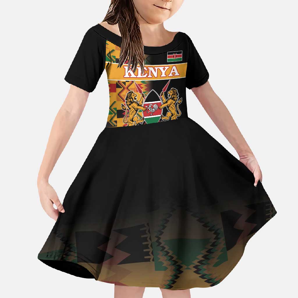 Custom Kenya Coat Of Arms Family Matching Off Shoulder Maxi Dress and Hawaiian Shirt With Kente Patterns - Wonder Print Shop