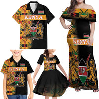 Custom Kenya Coat Of Arms Family Matching Off Shoulder Maxi Dress and Hawaiian Shirt With Kente Patterns - Wonder Print Shop