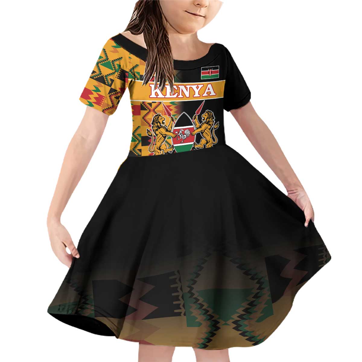 Custom Kenya Coat Of Arms Family Matching Off Shoulder Short Dress and Hawaiian Shirt With Kente Patterns - Wonder Print Shop