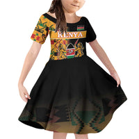 Custom Kenya Coat Of Arms Family Matching Off Shoulder Short Dress and Hawaiian Shirt With Kente Patterns - Wonder Print Shop