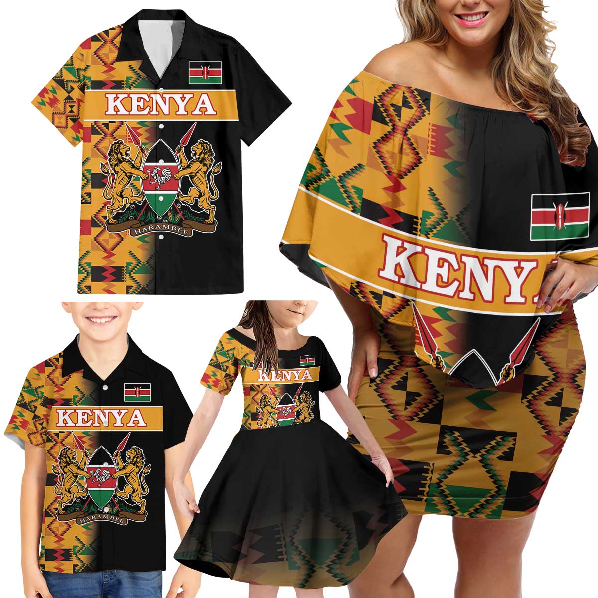 Custom Kenya Coat Of Arms Family Matching Off Shoulder Short Dress and Hawaiian Shirt With Kente Patterns - Wonder Print Shop