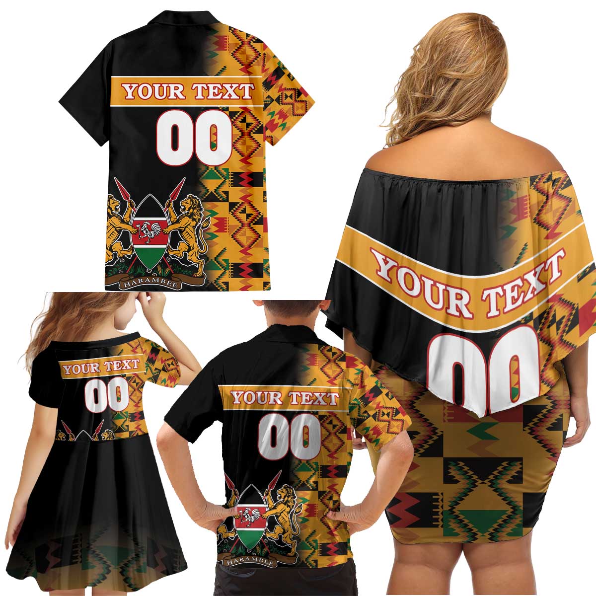 Custom Kenya Coat Of Arms Family Matching Off Shoulder Short Dress and Hawaiian Shirt With Kente Patterns - Wonder Print Shop