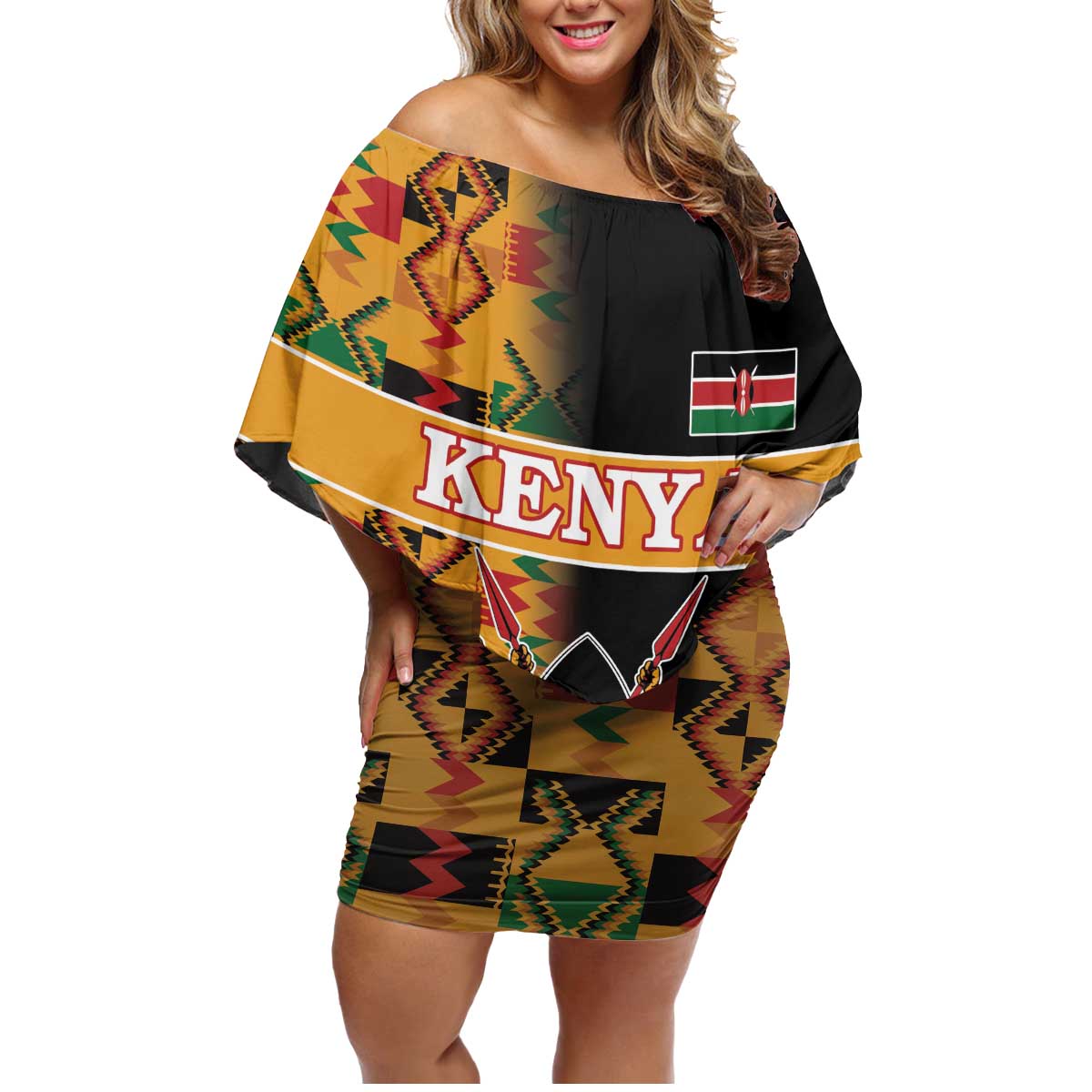 Custom Kenya Coat Of Arms Family Matching Off Shoulder Short Dress and Hawaiian Shirt With Kente Patterns - Wonder Print Shop