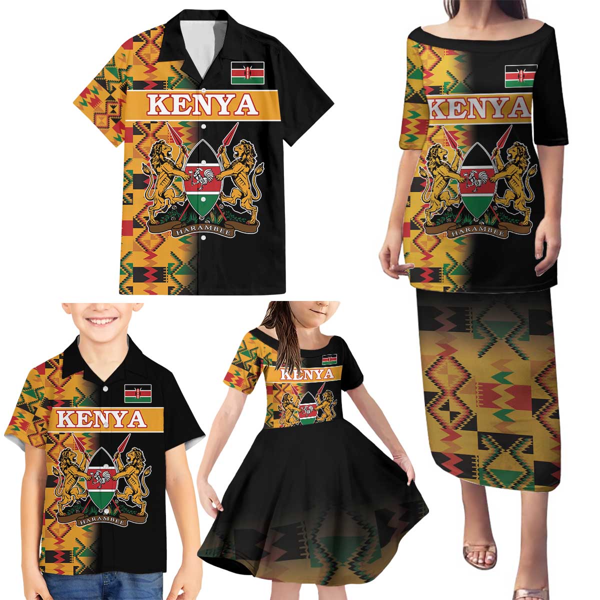 Custom Kenya Coat Of Arms Family Matching Puletasi and Hawaiian Shirt With Kente Patterns - Wonder Print Shop