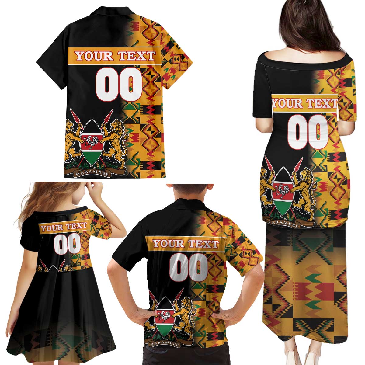 Custom Kenya Coat Of Arms Family Matching Puletasi and Hawaiian Shirt With Kente Patterns - Wonder Print Shop