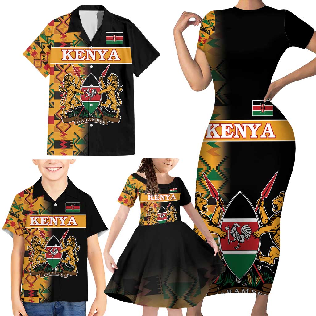 Custom Kenya Coat Of Arms Family Matching Short Sleeve Bodycon Dress and Hawaiian Shirt With Kente Patterns - Wonder Print Shop