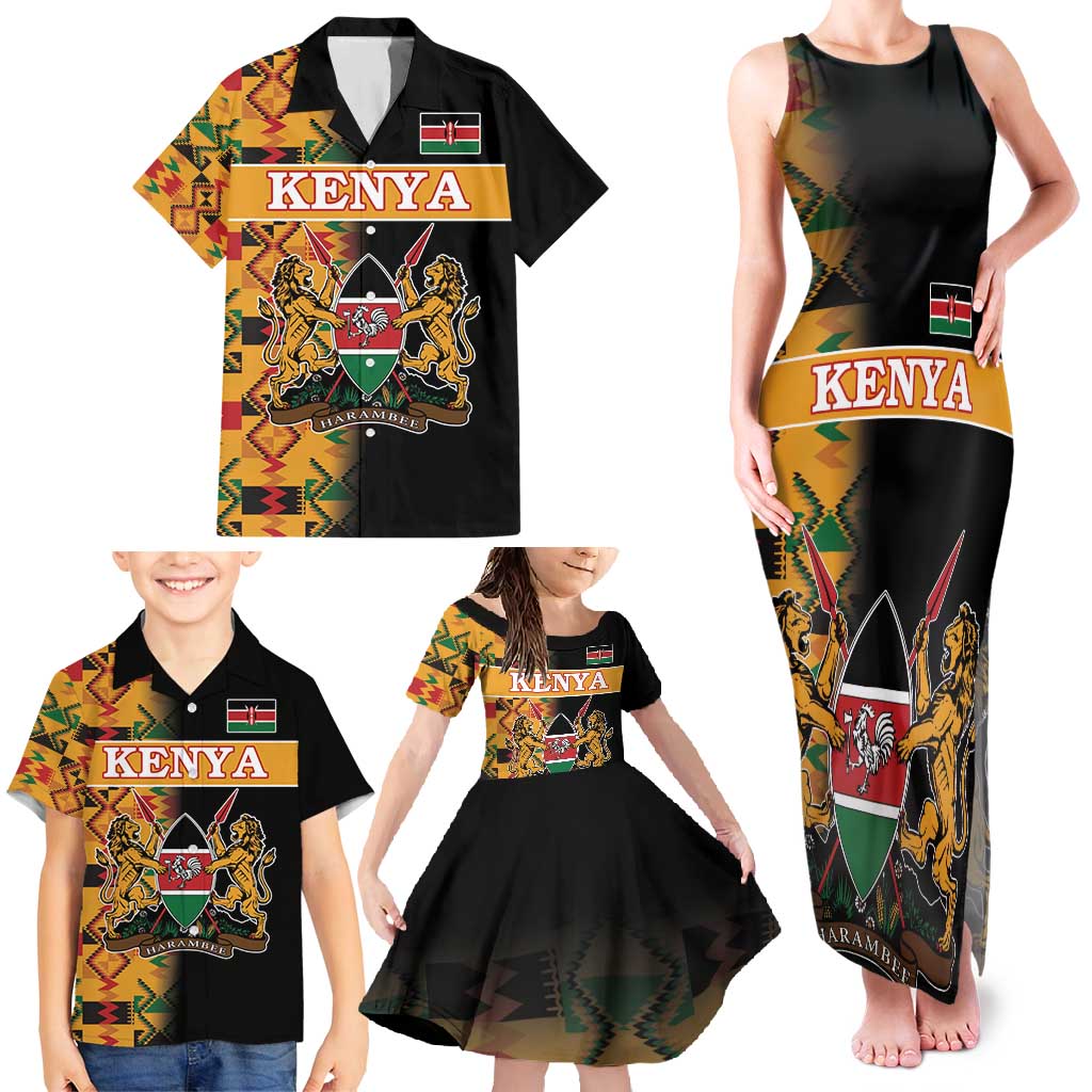 Custom Kenya Coat Of Arms Family Matching Tank Maxi Dress and Hawaiian Shirt With Kente Patterns - Wonder Print Shop