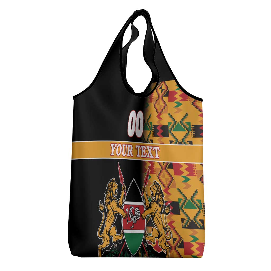 Custom Kenya Coat Of Arms Grocery Bag With Kente Patterns