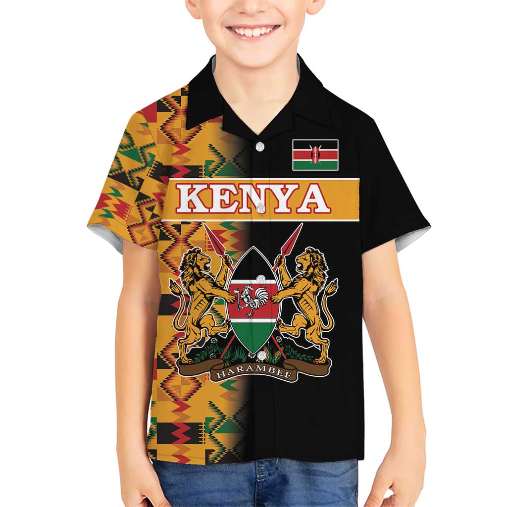 Custom Kenya Coat Of Arms Kid Hawaiian Shirt With Kente Patterns - Wonder Print Shop