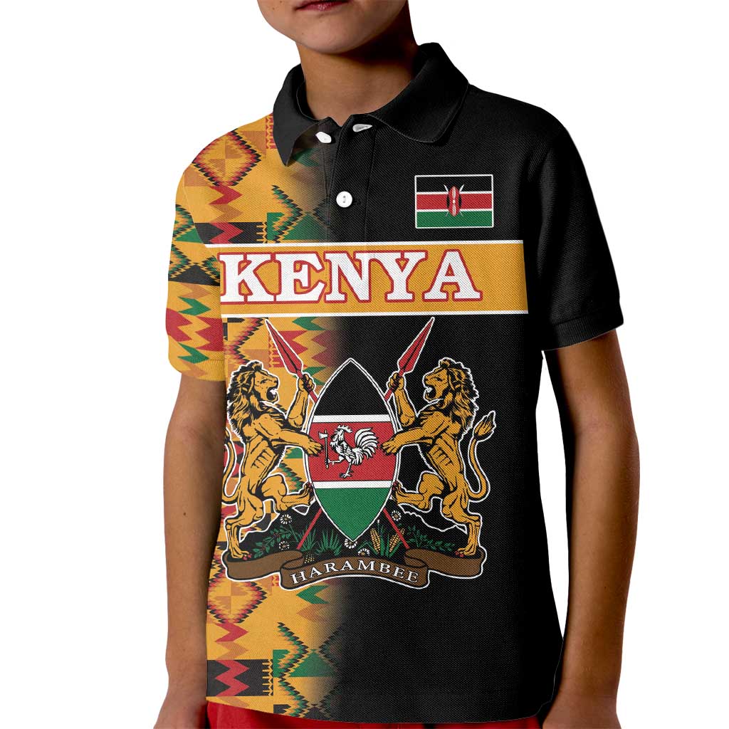 Custom Kenya Coat Of Arms Kid Polo Shirt With Kente Patterns - Wonder Print Shop