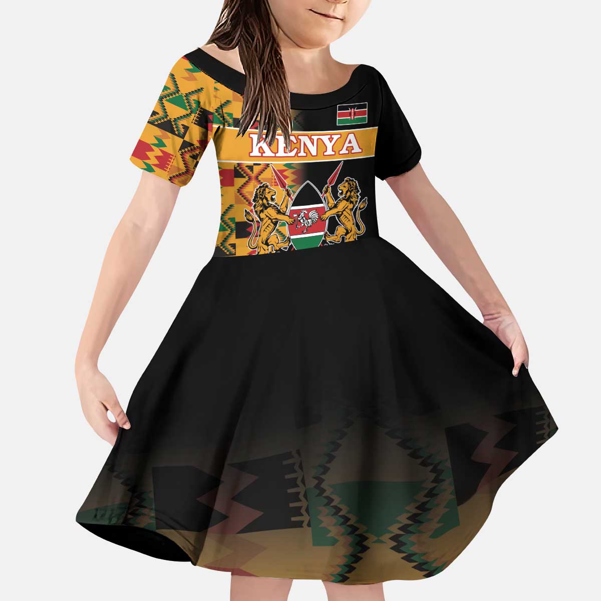 Custom Kenya Coat Of Arms Kid Short Sleeve Dress With Kente Patterns - Wonder Print Shop