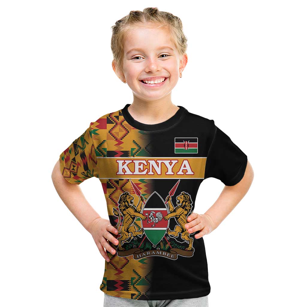 Custom Kenya Coat Of Arms Kid T Shirt With Kente Patterns - Wonder Print Shop