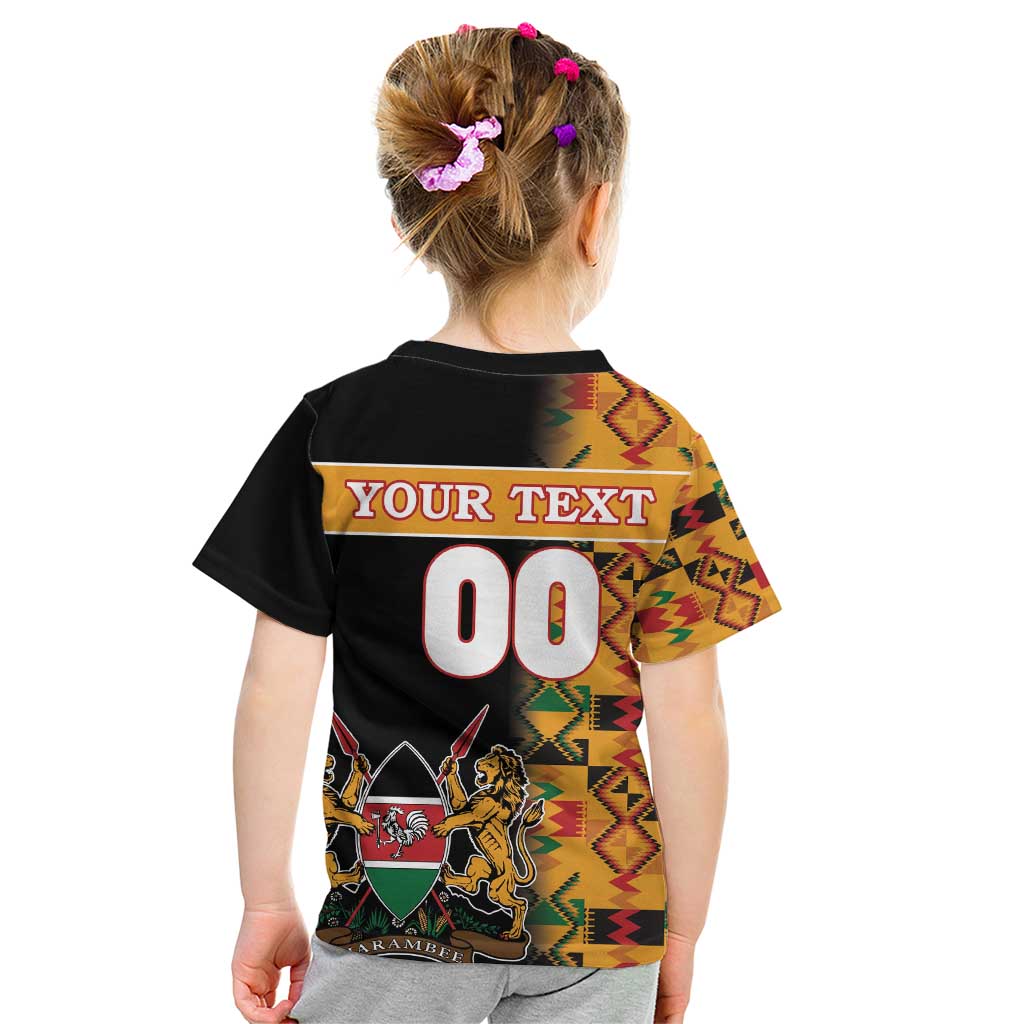 Custom Kenya Coat Of Arms Kid T Shirt With Kente Patterns - Wonder Print Shop