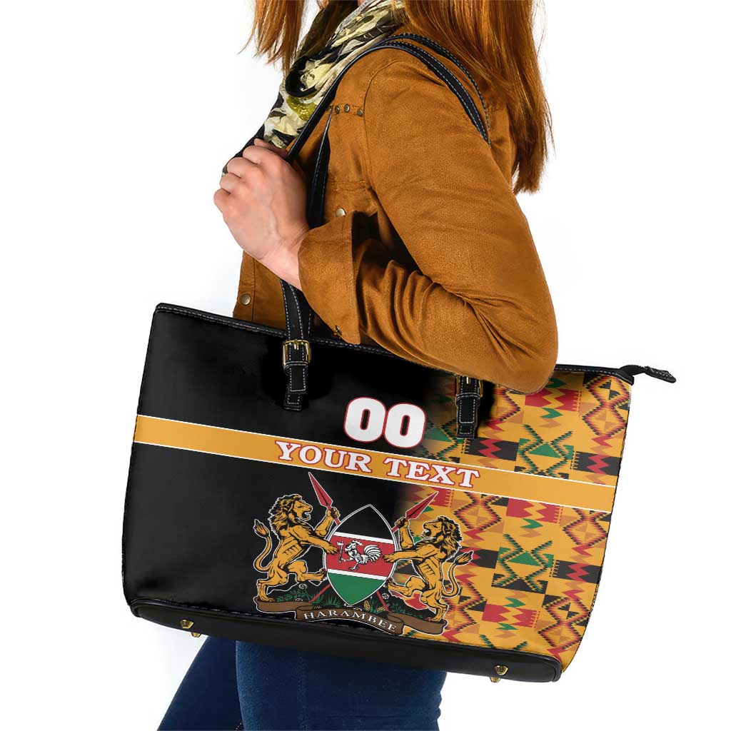 Custom Kenya Coat Of Arms Leather Tote Bag With Kente Patterns - Wonder Print Shop