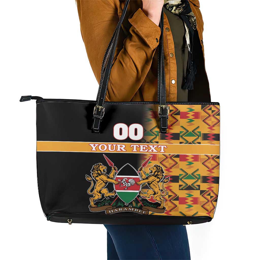 Custom Kenya Coat Of Arms Leather Tote Bag With Kente Patterns - Wonder Print Shop