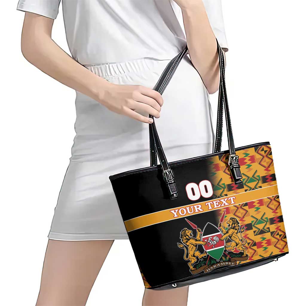 Custom Kenya Coat Of Arms Leather Tote Bag With Kente Patterns - Wonder Print Shop