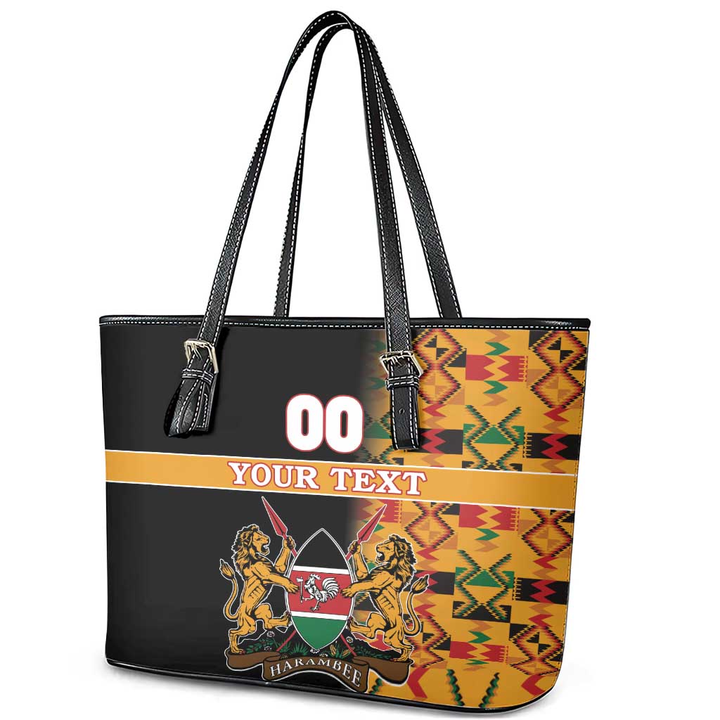 Custom Kenya Coat Of Arms Leather Tote Bag With Kente Patterns - Wonder Print Shop