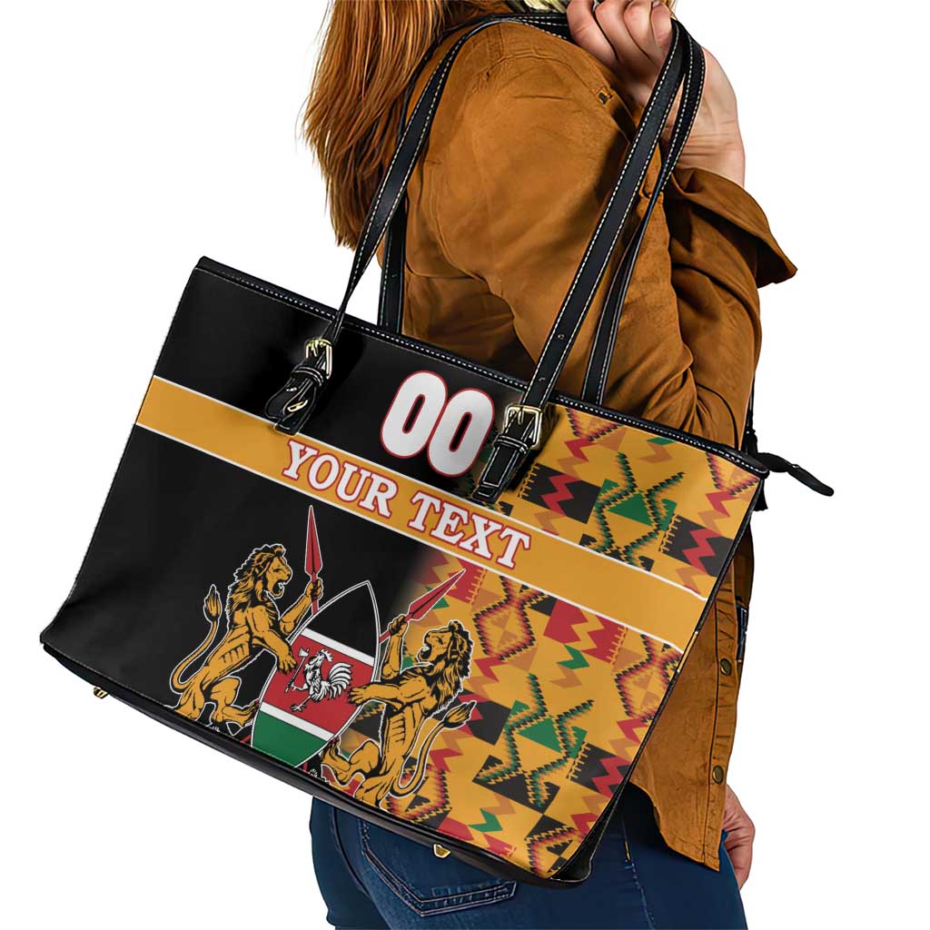 Custom Kenya Coat Of Arms Leather Tote Bag With Kente Patterns - Wonder Print Shop