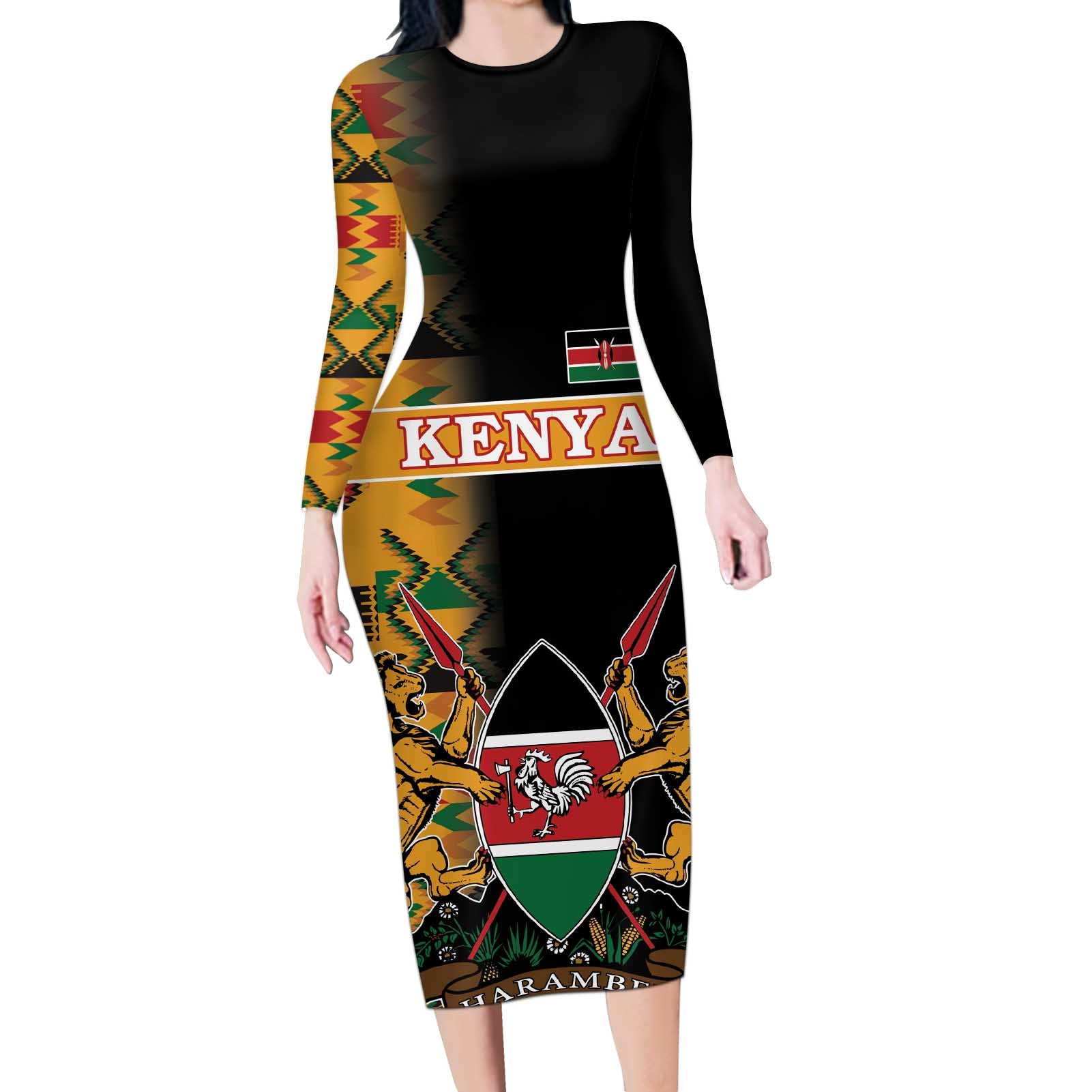 Custom Kenya Coat Of Arms Long Sleeve Bodycon Dress With Kente Patterns - Wonder Print Shop