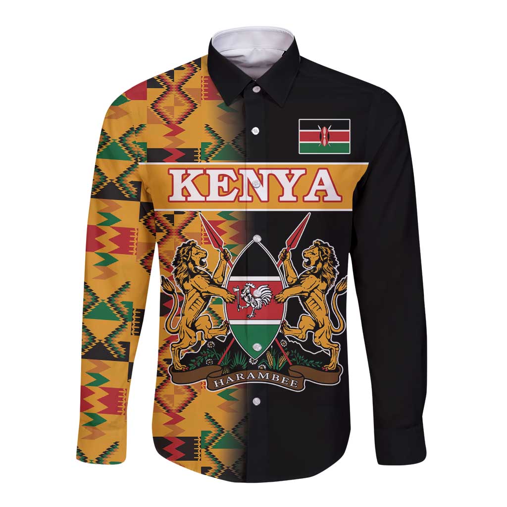 Custom Kenya Coat Of Arms Long Sleeve Button Shirt With Kente Patterns - Wonder Print Shop