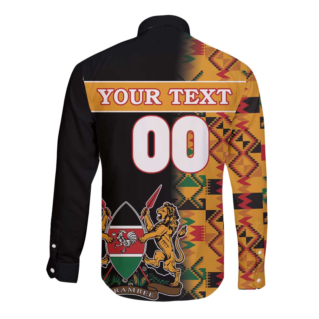 Custom Kenya Coat Of Arms Long Sleeve Button Shirt With Kente Patterns - Wonder Print Shop