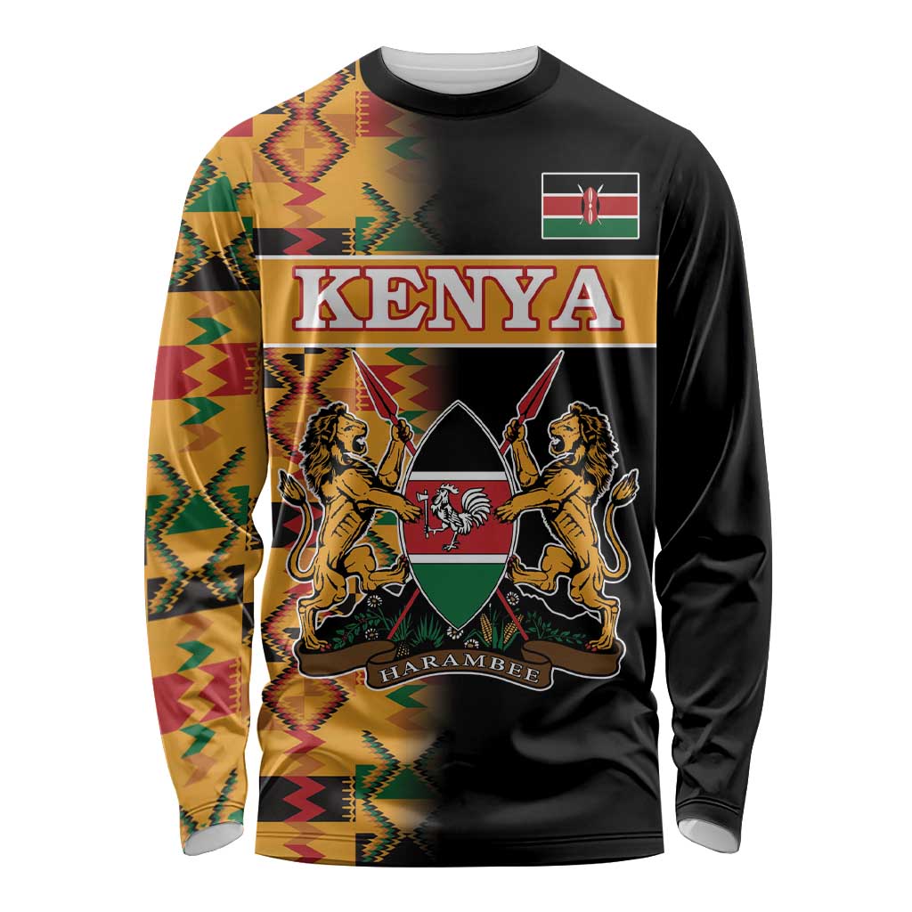 Custom Kenya Coat Of Arms Long Sleeve Shirt With Kente Patterns - Wonder Print Shop