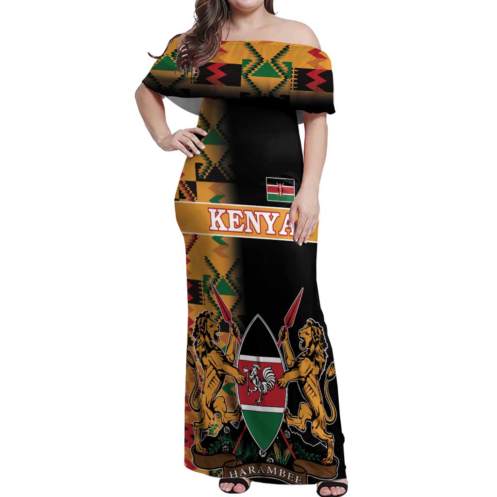 Custom Kenya Coat Of Arms Off Shoulder Maxi Dress With Kente Patterns - Wonder Print Shop
