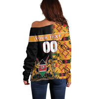Custom Kenya Coat Of Arms Off Shoulder Sweater With Kente Patterns - Wonder Print Shop