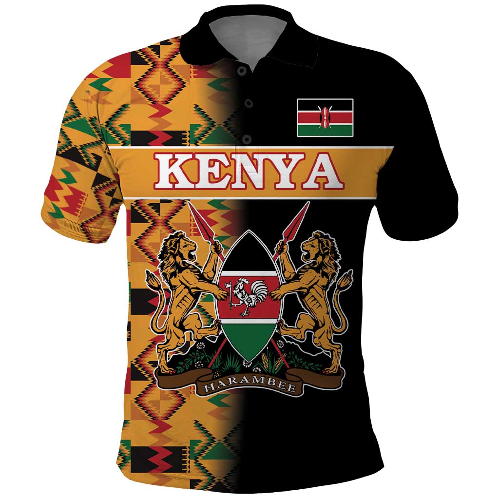 Custom Kenya Coat Of Arms Polo Shirt With Kente Patterns - Wonder Print Shop