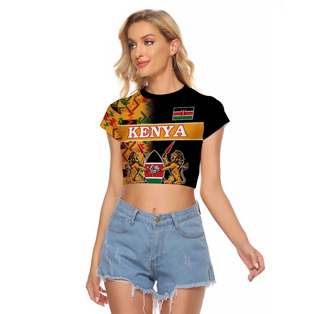 Custom Kenya Coat Of Arms Raglan Cropped T Shirt With Kente Patterns - Wonder Print Shop