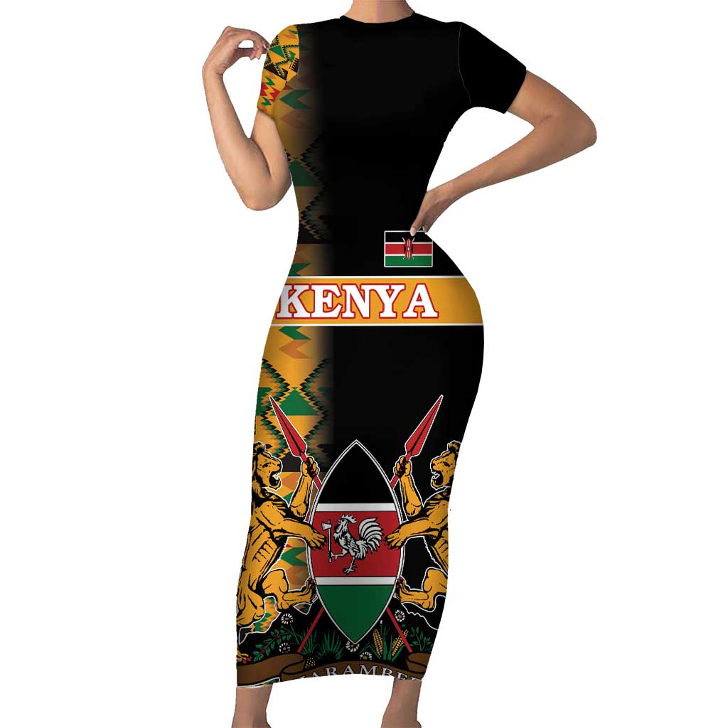 Custom Kenya Coat Of Arms Short Sleeve Bodycon Dress With Kente Patterns - Wonder Print Shop