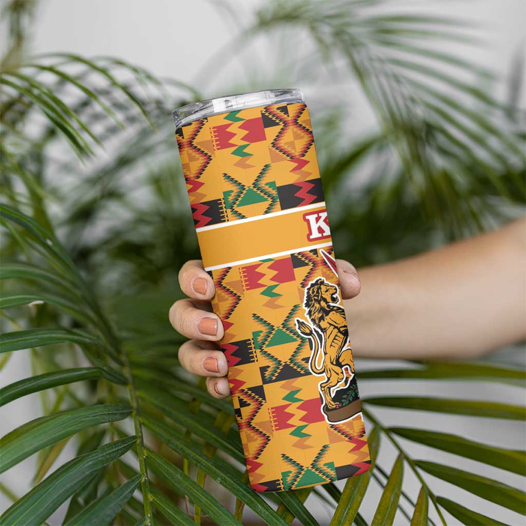 Kenya Coat Of Arms Skinny Tumbler With Kente Patterns - Wonder Print Shop