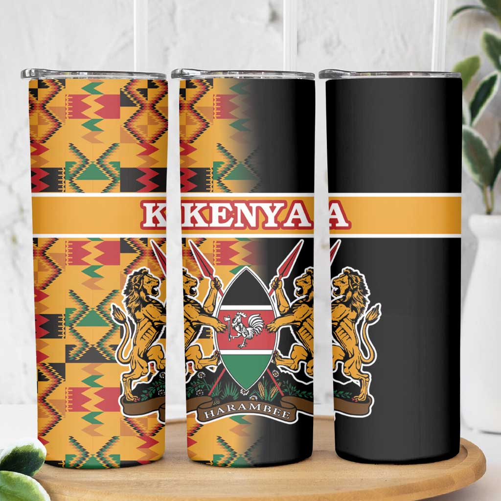 Kenya Coat Of Arms Skinny Tumbler With Kente Patterns - Wonder Print Shop