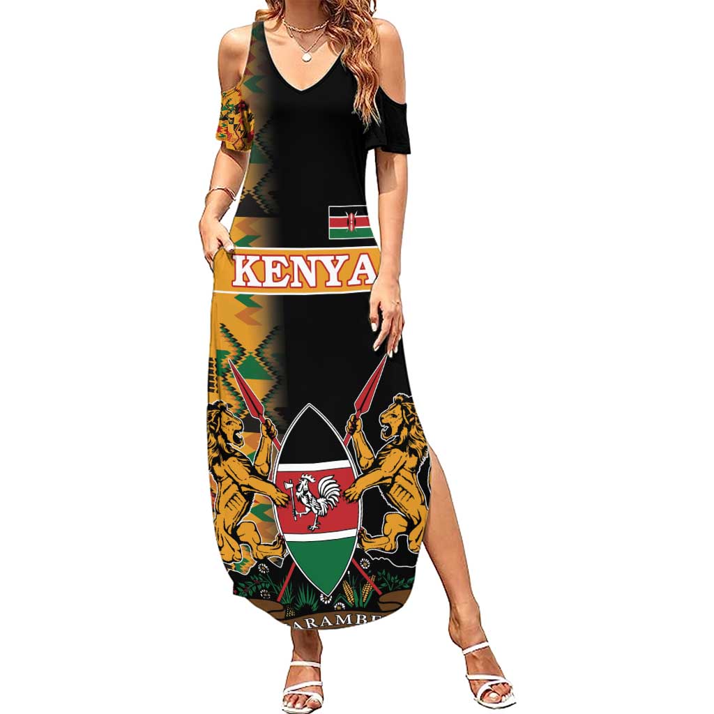 Custom Kenya Coat Of Arms Summer Maxi Dress With Kente Patterns - Wonder Print Shop