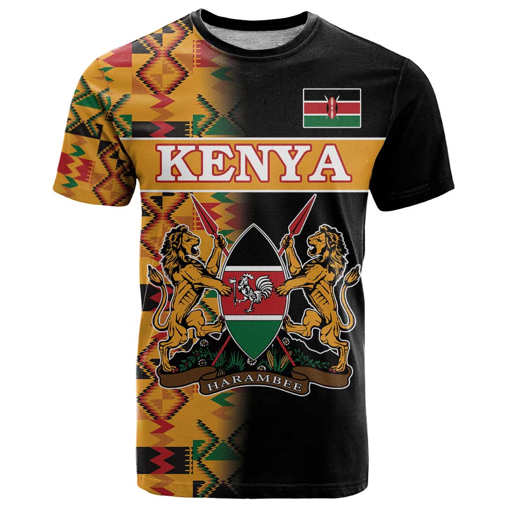 Custom Kenya Coat Of Arms T Shirt With Kente Patterns - Wonder Print Shop