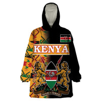 Custom Kenya Coat Of Arms Wearable Blanket Hoodie With Kente Patterns - Wonder Print Shop