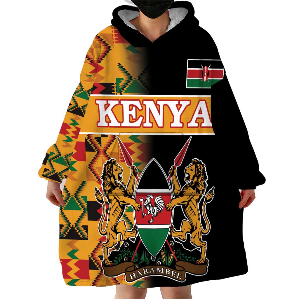 Custom Kenya Coat Of Arms Wearable Blanket Hoodie With Kente Patterns - Wonder Print Shop