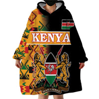 Custom Kenya Coat Of Arms Wearable Blanket Hoodie With Kente Patterns - Wonder Print Shop