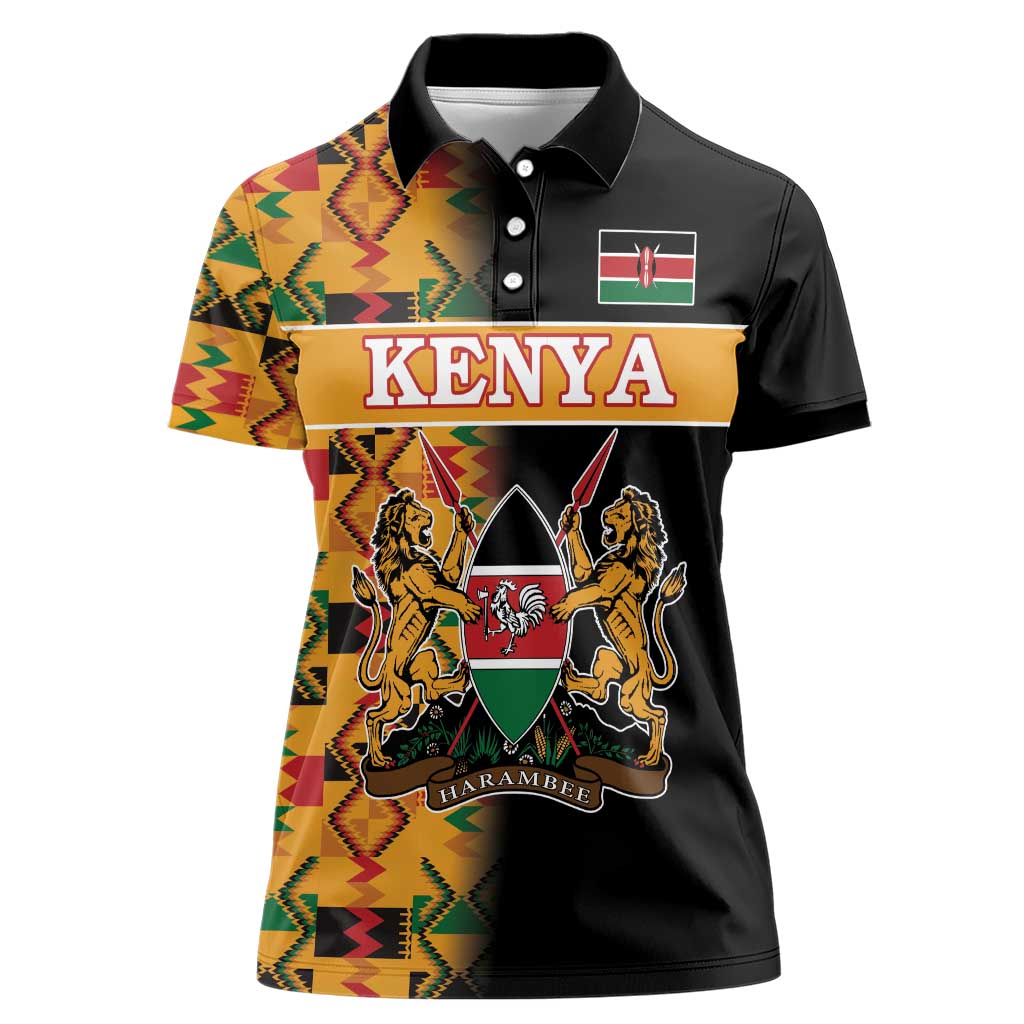 Custom Kenya Coat Of Arms Women Polo Shirt With Kente Patterns - Wonder Print Shop