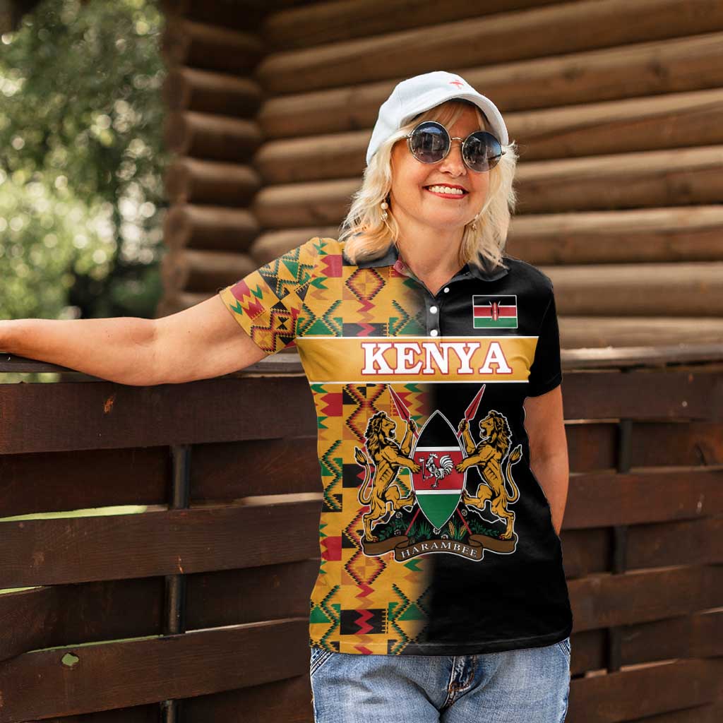Custom Kenya Coat Of Arms Women Polo Shirt With Kente Patterns - Wonder Print Shop