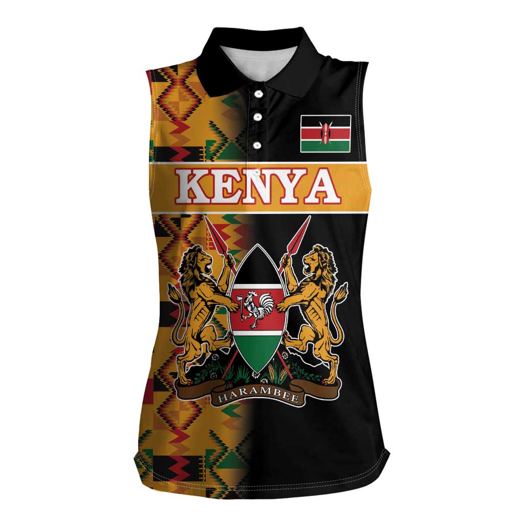 Custom Kenya Coat Of Arms Women Sleeveless Polo Shirt With Kente Patterns - Wonder Print Shop