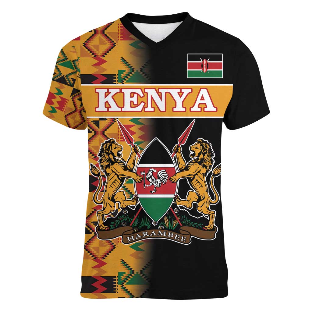 Custom Kenya Coat Of Arms Women V-Neck T-Shirt With Kente Patterns - Wonder Print Shop