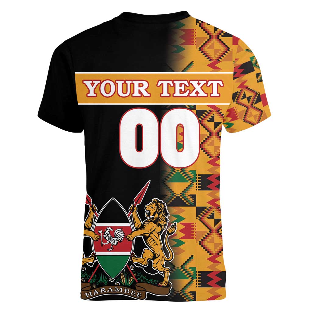 Custom Kenya Coat Of Arms Women V-Neck T-Shirt With Kente Patterns - Wonder Print Shop