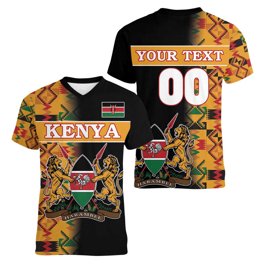 Custom Kenya Coat Of Arms Women V-Neck T-Shirt With Kente Patterns - Wonder Print Shop