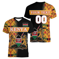 Custom Kenya Coat Of Arms Women V-Neck T-Shirt With Kente Patterns - Wonder Print Shop