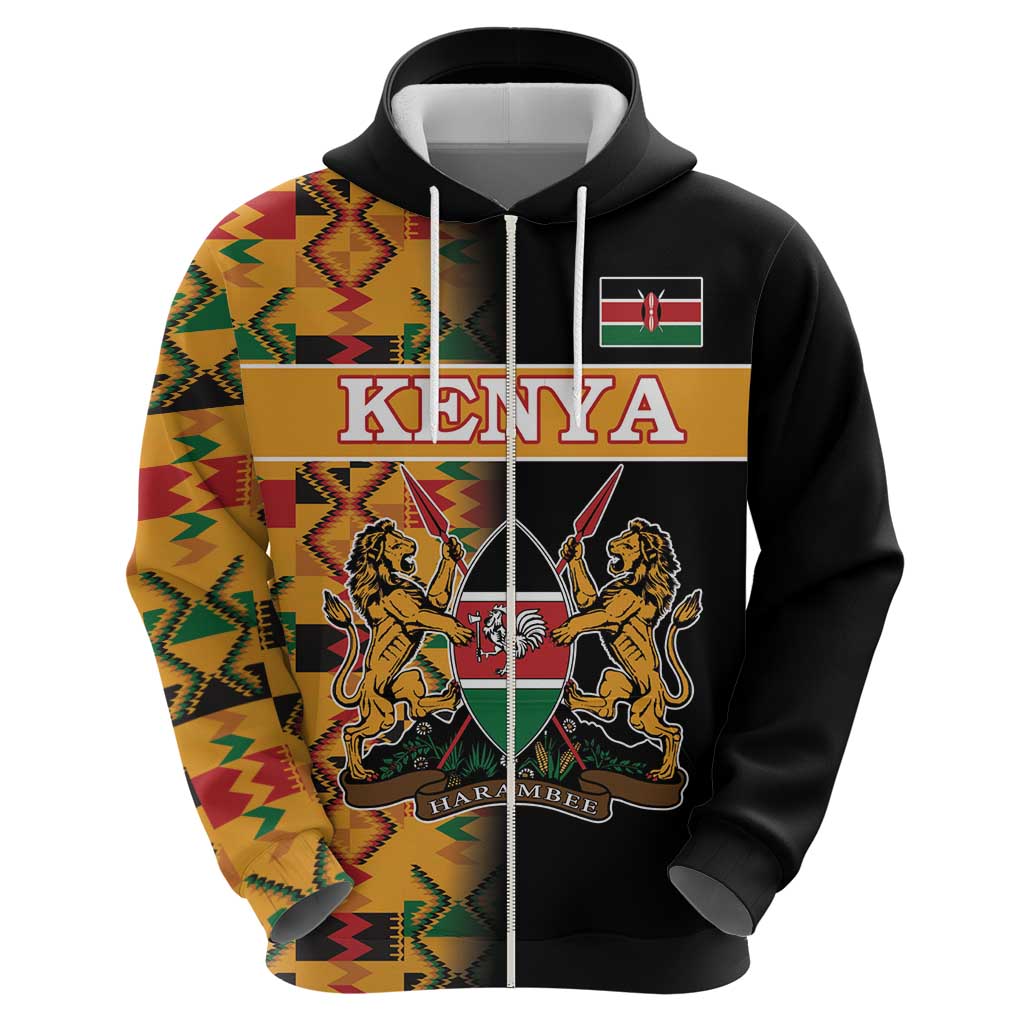 Custom Kenya Coat Of Arms Zip Hoodie With Kente Patterns - Wonder Print Shop