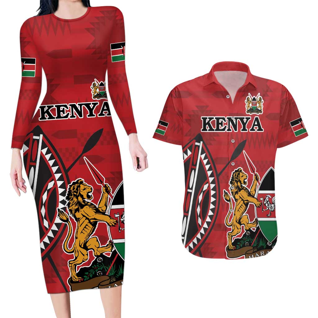 Personalized Kenya Coat Of Arms Couples Matching Long Sleeve Bodycon Dress and Hawaiian Shirt Ethnic Seamless Pattern - Wonder Print Shop