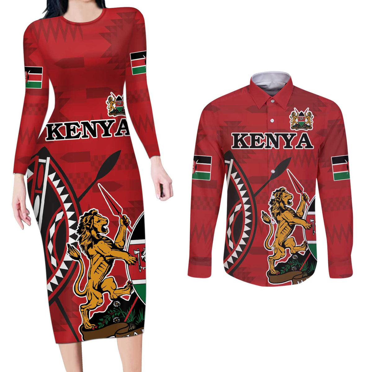Personalized Kenya Coat Of Arms Couples Matching Long Sleeve Bodycon Dress and Long Sleeve Button Shirt Ethnic Seamless Pattern - Wonder Print Shop